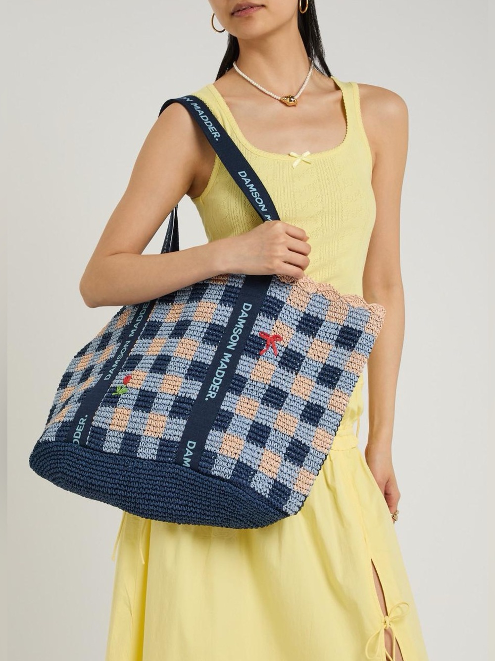 DAMSON MADDER Checked Raffia Tote Bag in Navy Blue